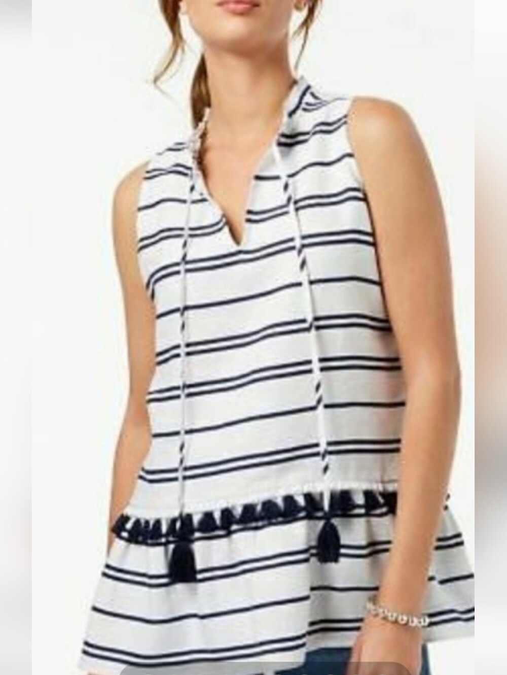 Charter Club Striped Sleeveless Tie-Front Linen Peplum Top - White/Navy